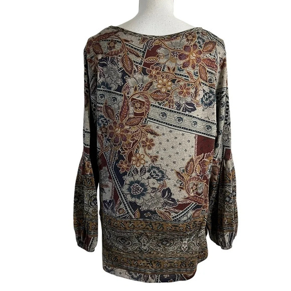 World Unity Blouse XL Floral Gray Red Knit Pullover 3/4 Balloon Sleeves Stretch - Picture 3 of 9